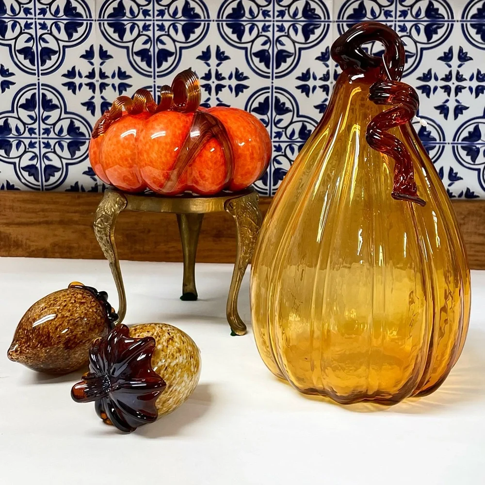 Pier 1 Hand Blown Orange Speckled Glass Pumpkin Glittering Gold Stem Fall Decor